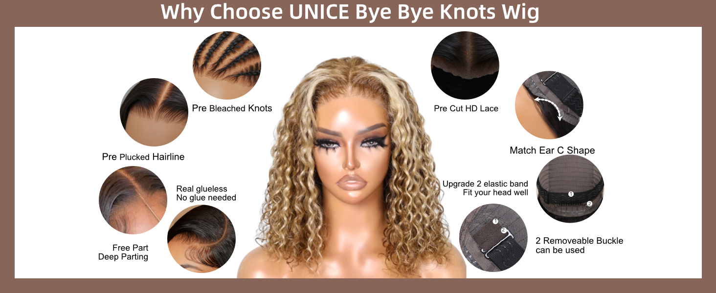 unice honey blonde highlight bye bye knots bob wigs human hair invisible knots 7x5 pre cut lace front wigs human hair put on and go glueless wig human hair pre plucked