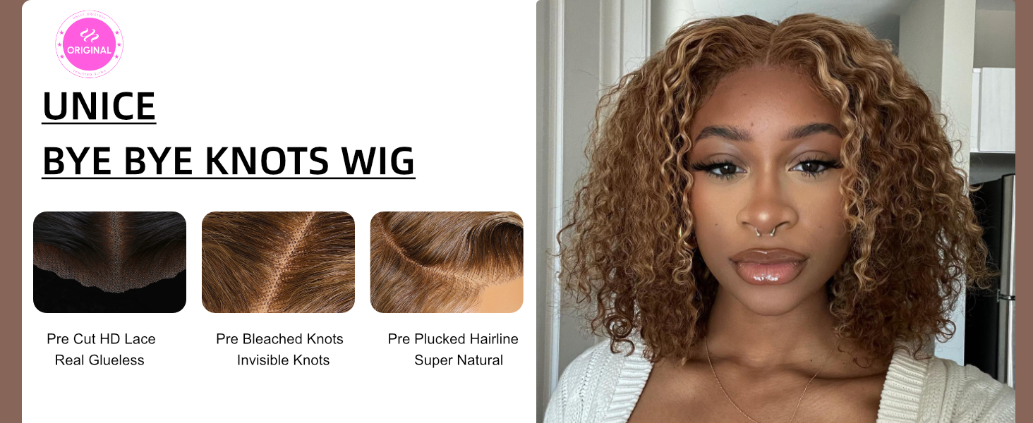 unice honey blonde highlight bye bye knots bob wigs human hair invisible knots 7x5 pre cut lace front wigs human hair put on and go glueless wig human hair pre plucked