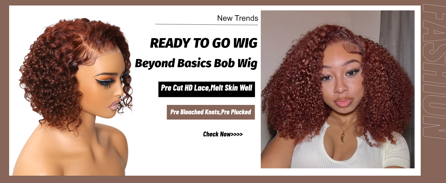 unice short curly beyond basics bob wig human hair bye bye knots glueless wigs pre plucked pre cut 7x5 hd lace closure ready to go wig reddish brown color