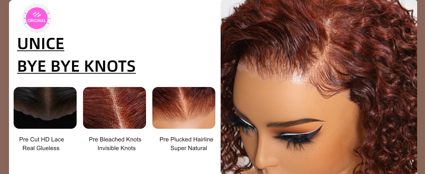 unice short curly beyond basics bob wig human hair bye bye knots glueless wigs pre plucked pre cut 7x5 hd lace closure ready to go wig reddish brown color