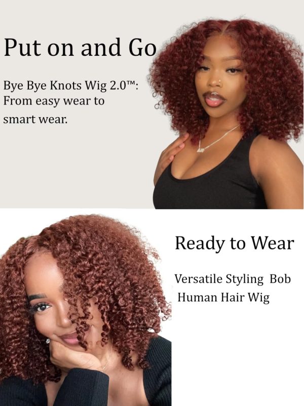 unice short curly beyond basics bob wig human hair bye bye knots glueless wigs pre plucked pre cut 7x5 hd lace closure ready to go wig reddish brown color