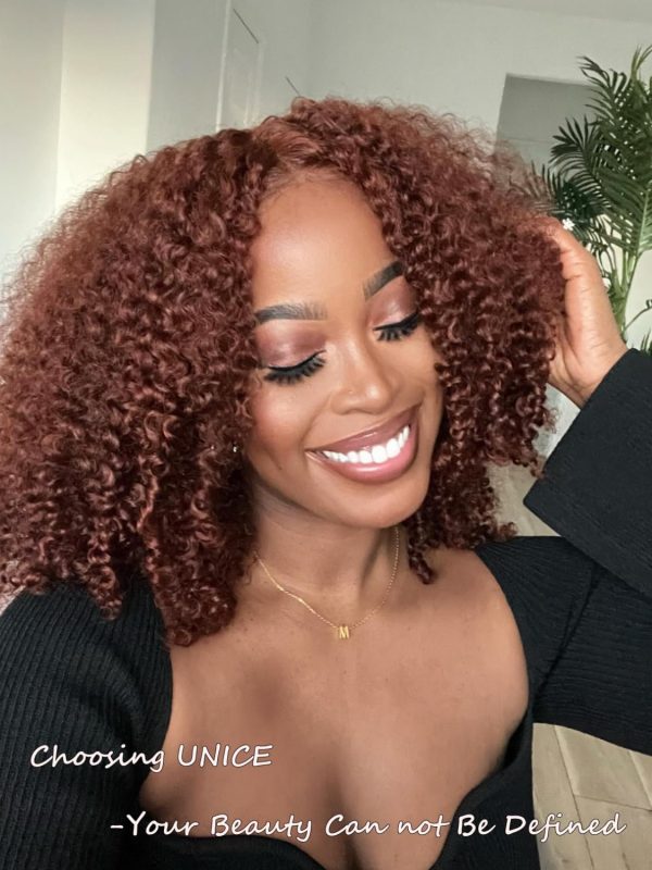 unice short curly beyond basics bob wig human hair bye bye knots glueless wigs pre plucked pre cut 7x5 hd lace closure ready to go wig reddish brown color