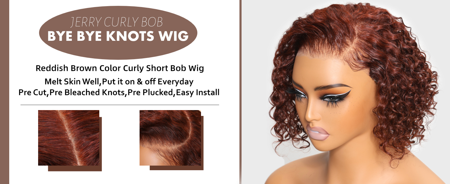 unice short curly beyond basics bob wig human hair bye bye knots glueless wigs pre plucked pre cut 7x5 hd lace closure ready to go wig reddish brown color