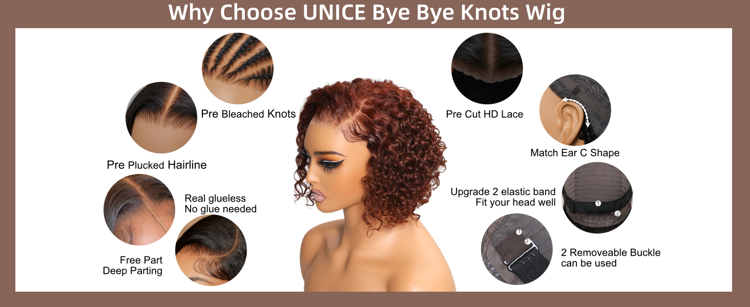 unice short curly beyond basics bob wig human hair bye bye knots glueless wigs pre plucked pre cut 7x5 hd lace closure ready to go wig reddish brown color