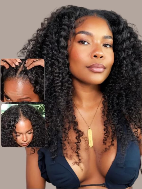 unice v part wig kinky curly upgrade u part wigs human hair for women, no gel no leave out no sew in no lace front glueless wig brazilian virgin hair beginner friendly wig 180% density